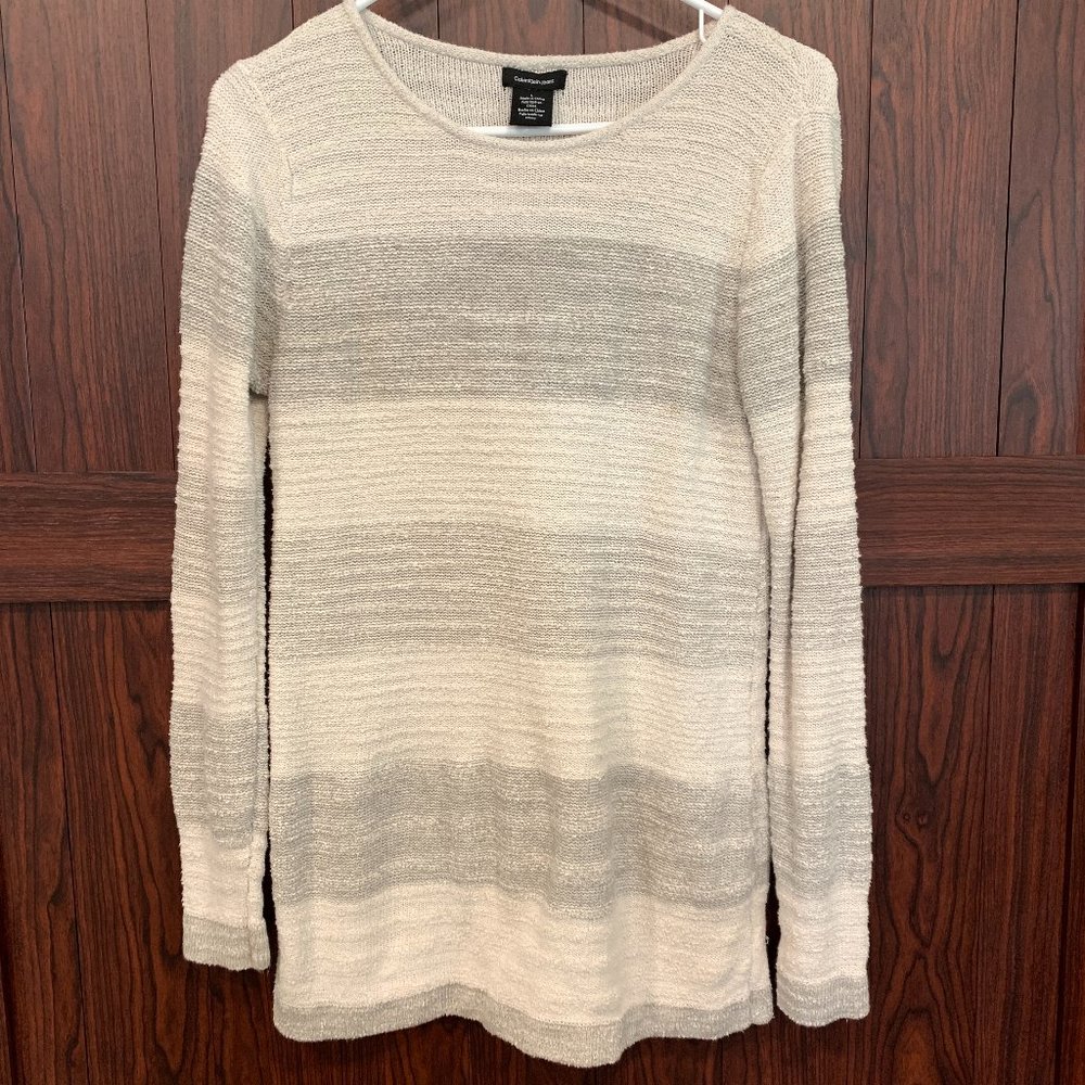 Calvin Klein Pullover Sweater Knit Tunic Ivory and Gray Long Sleeve Womens Large